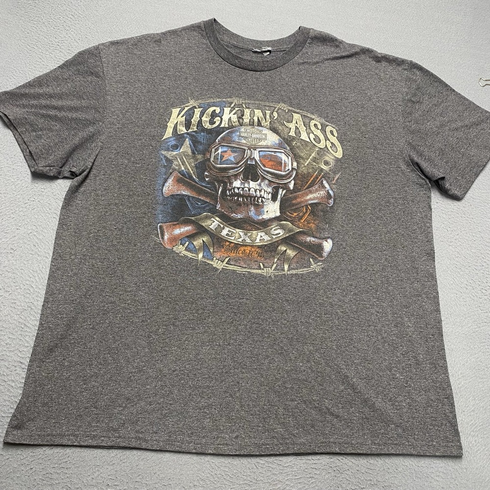 Harley-Davidson Shirt Mens 3XL Gray Kickin Ass Texas Skull Biker Graphic Tee